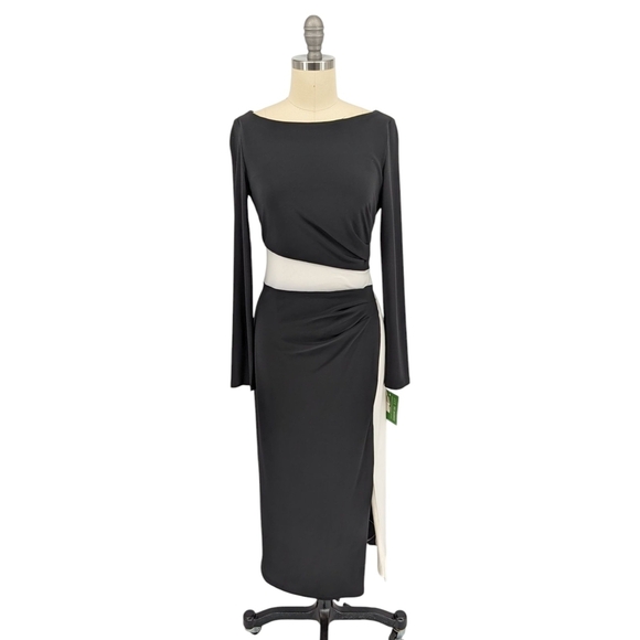 01588 Lauren Ralph Lauren Colorblock Ruched Knit Dress Black White Size 4 preppy - Picture 1 of 7